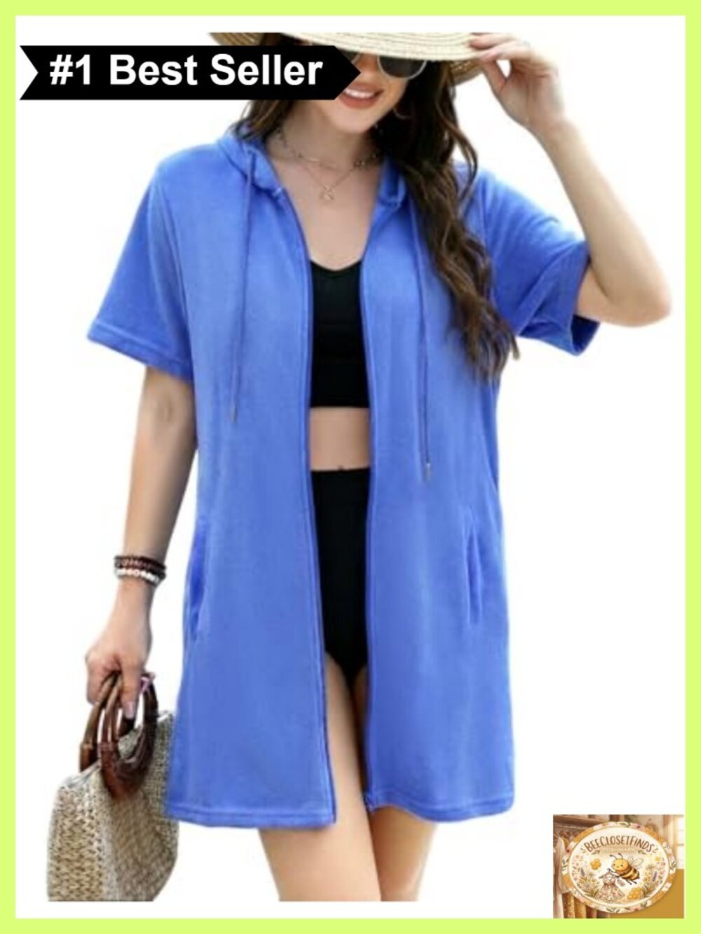 Terry Cloth Swim Cover Up Hooded Zip Short Sleeve Beach Pool Towel Robe